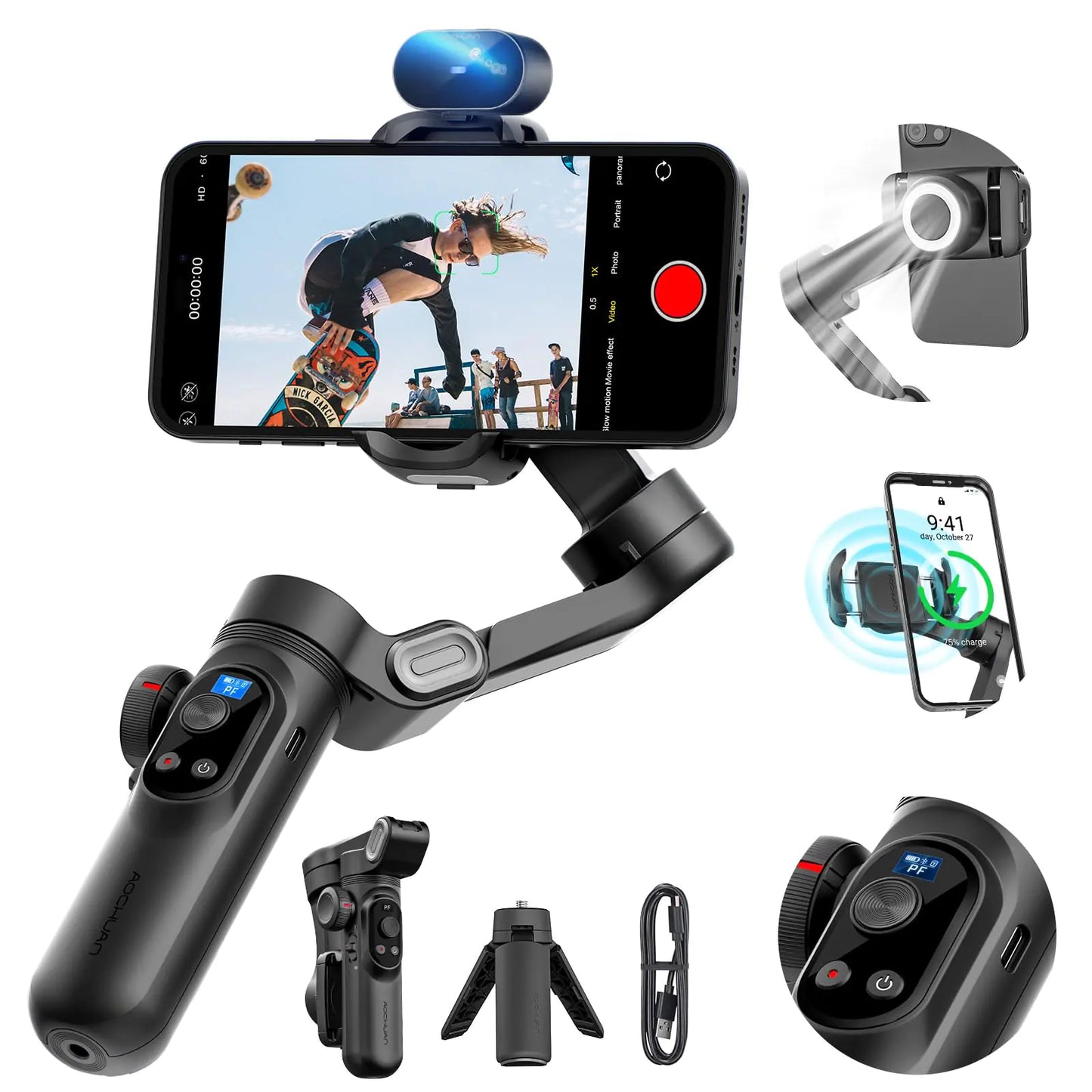 Smartphone Gimbal Stabilizer 3-axis Stabilizer for iPhone&Android AI Tracking Sensor(No App) Phone Gimbal w/OLED Screen/Built-in Light AOCHUAN X Pro AI Version