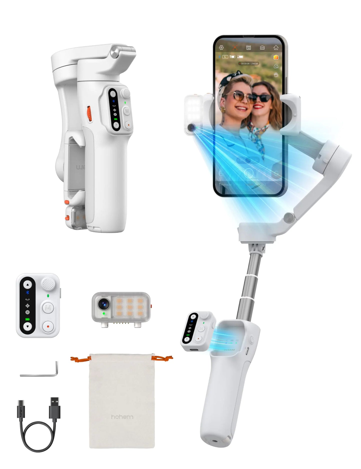 Hohem iSteady V3 Phone Gimbal Stabilizer, Magnetic AI Tracking Sensor with Fill Light, Detachable Remote Control, Built-in Extension Rod and Tripod, Foldable 3-axis Stabilization Gimbal, White