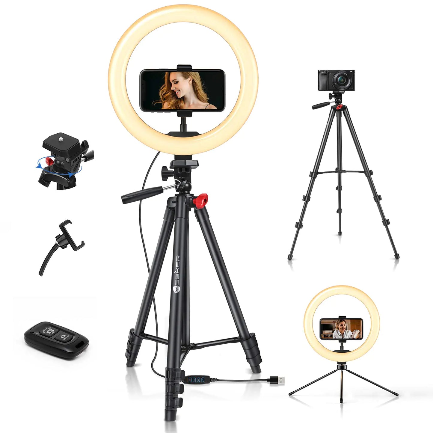 Yesker 10 Ring Light with 51” Tripod Flexible Stand LED Selfie RingLight 10 Brightness with Camera Remote Shutter Phone Holder for TikTok YouTube Video Live Stream Makeup…