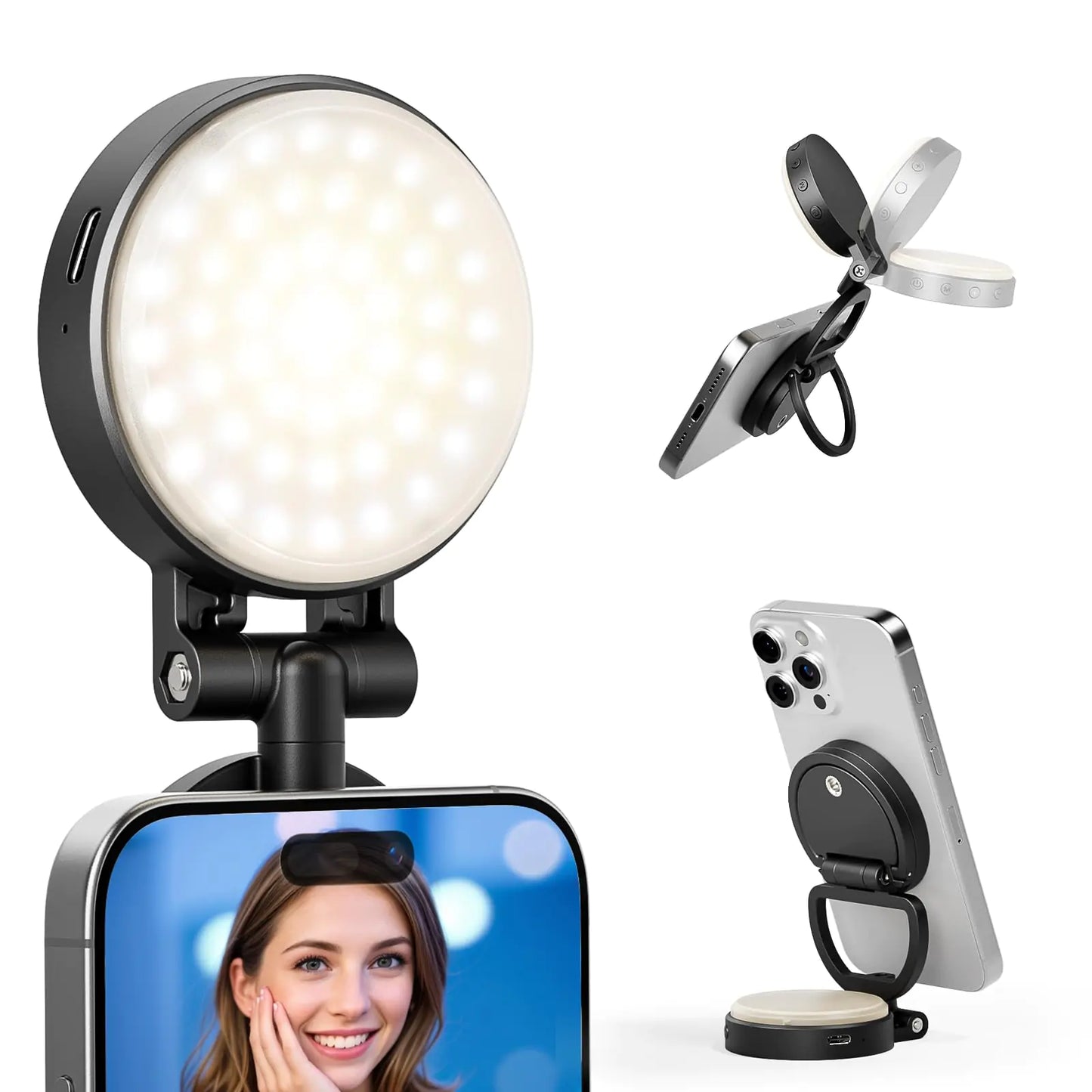 RALENO Magnetic Selfie Light for MagSafe iPhone LED Phone Light for TikTok Vlog Zoom Makeup Video Conference 350Lux/0.5m Ring Light with Stand Function & 2 Magnetic Ring & 3 Light Modes