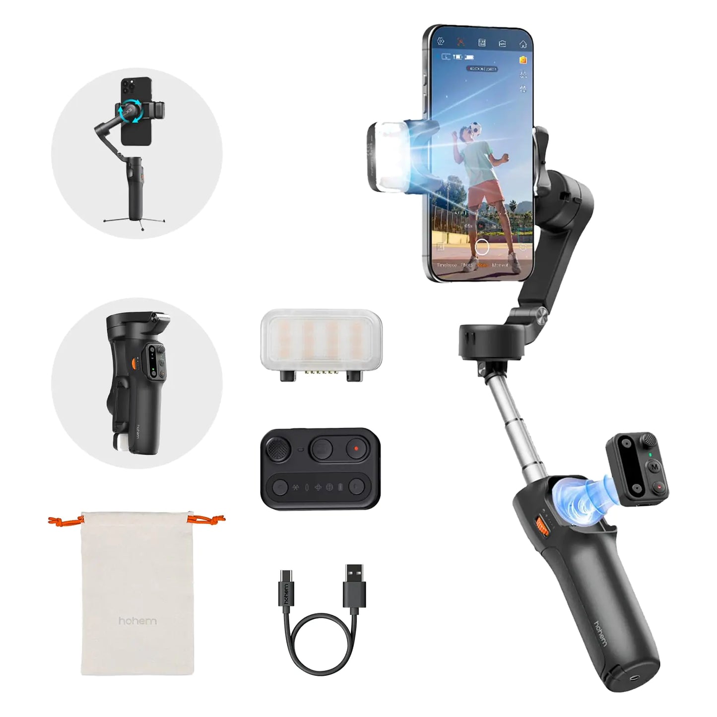 hohem iSteady X3 Gimbal Stabilizer for iPhone3-Axis Phone Gimbal with Magnetic Fill Light Built-in Extendable Rod&TripodDetachable Remote ControlGimbal Stabilizers for Travel Vlog TikTok