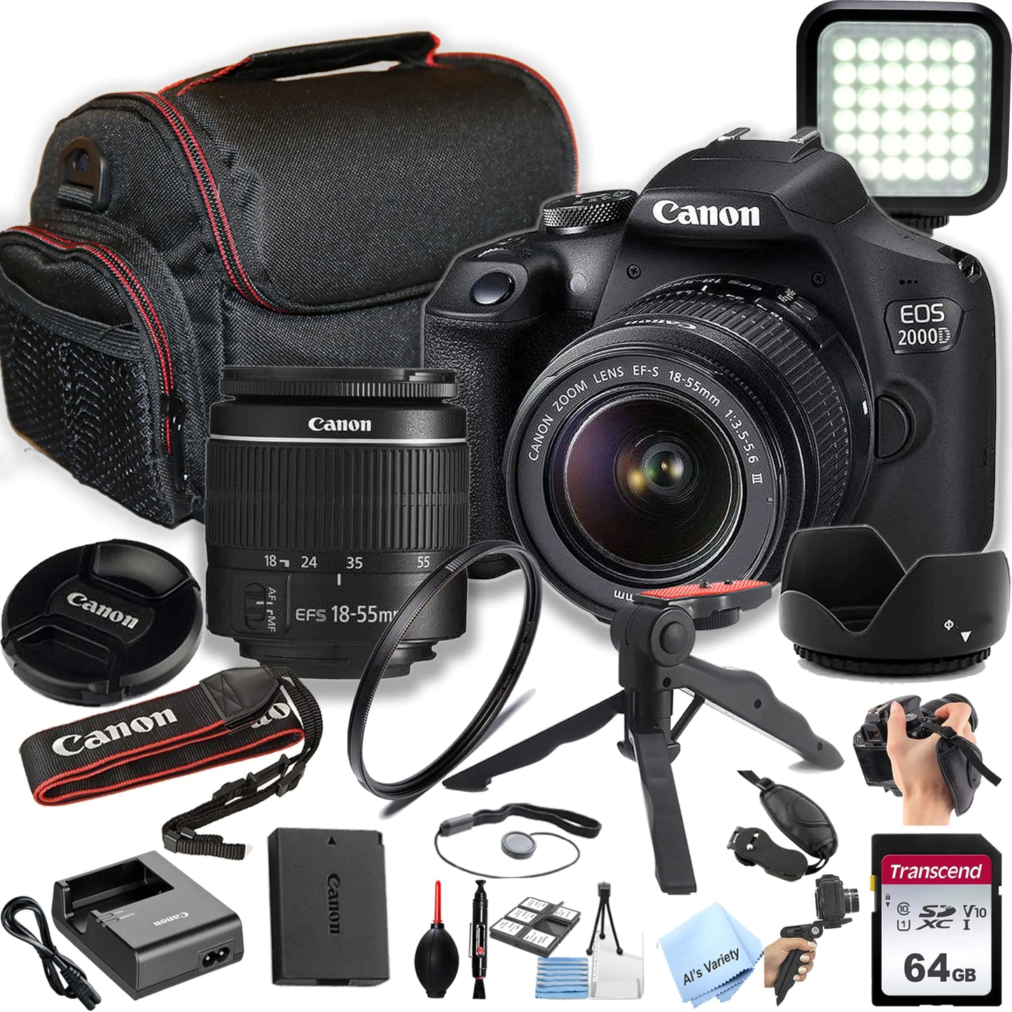 Canon EOS 2000D / Rebel T7 DSLR Camera w/EF-S 18-55mm F/3.5-5.6 Zoom Lens + 64GB Memory LED Video Light Case Gripster Tripod and More (Essential Bundle) (Renewed)