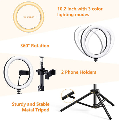 10.2" Dimmable Selfie Ring Light with Tripod & Phone Holders