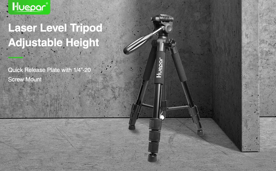 Huepar Adjustable Height Laser Level Tripod For Self leveling 57"/146cm with 3-Way Swivel Pan Head Quick Release Plate with 1/4"