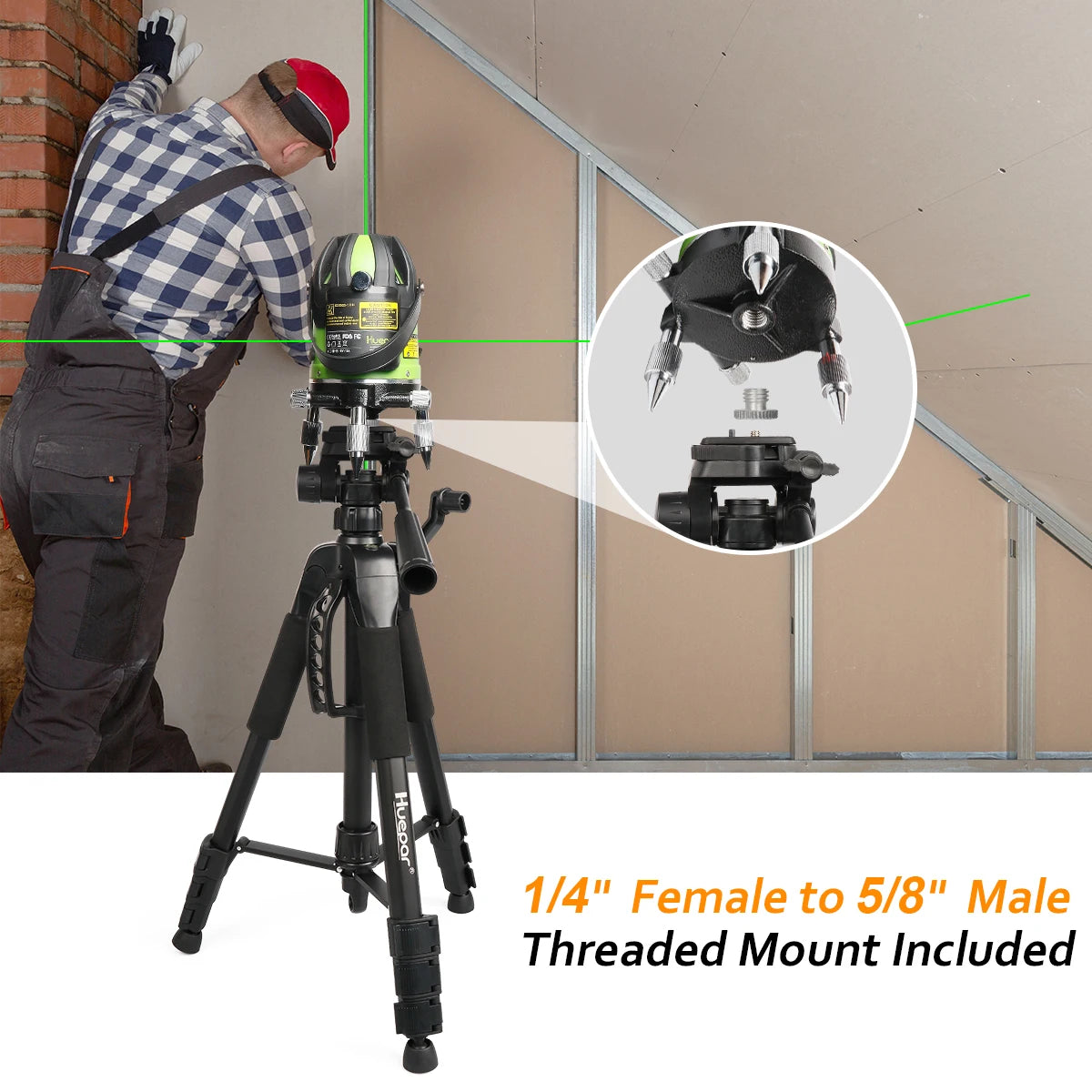 Huepar Adjustable Height Laser Level Tripod For Self leveling 57"/146cm with 3-Way Swivel Pan Head Quick Release Plate with 1/4"