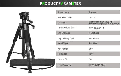 Huepar Adjustable Height Laser Level Tripod For Self leveling 57"/146cm with 3-Way Swivel Pan Head Quick Release Plate with 1/4"