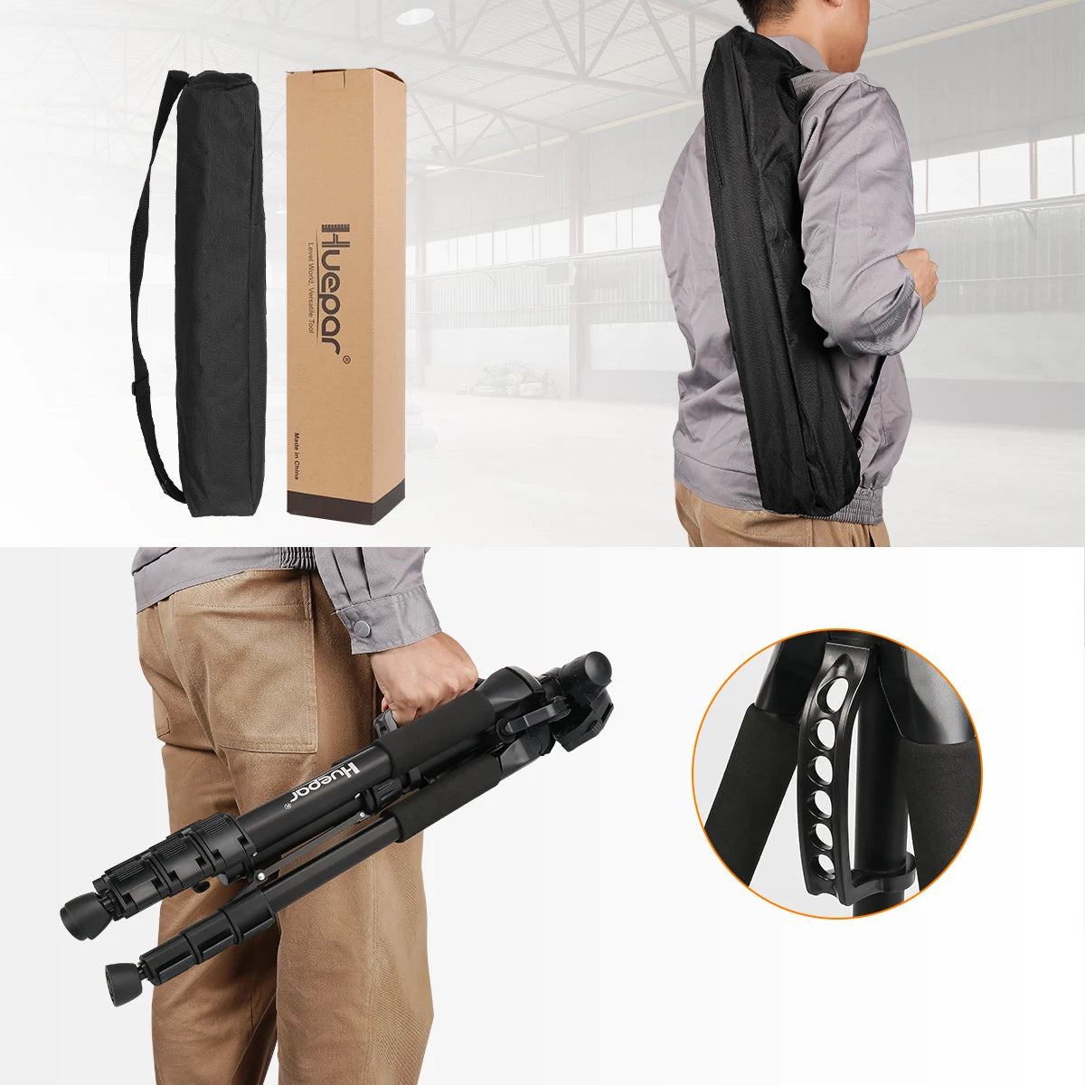 Huepar Adjustable Height Laser Level Tripod For Self leveling 57"/146cm with 3-Way Swivel Pan Head Quick Release Plate with 1/4"