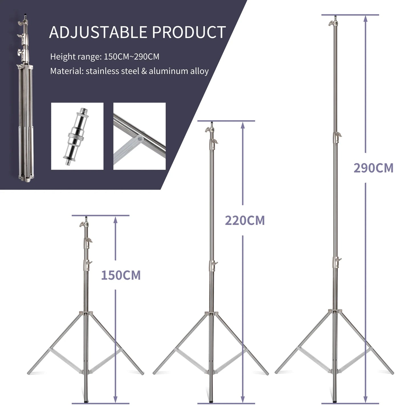 SH 280cm Stainless Steel Light Stand Photography Stand for Photo Video Lighting Spring Cushioned Heavy Duty Stand Tripod