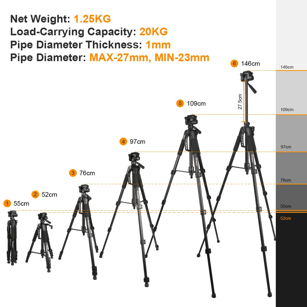 Huepar Adjustable Height Laser Level Tripod For Self leveling 57"/146cm with 3-Way Swivel Pan Head Quick Release Plate with 1/4"