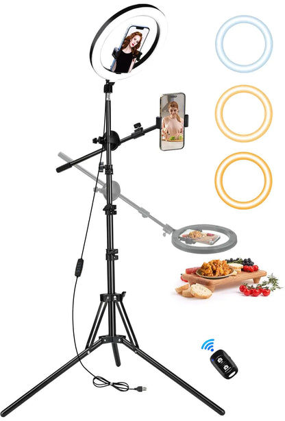 OYTKRD 10 Ring Light Tripod for iPhone Selfie Ring Light with Stand for Phone Overhead Phone Mount with Interchangeable Ring Light Phone Light for Cooking Videos/Live Streaming/Video Recording