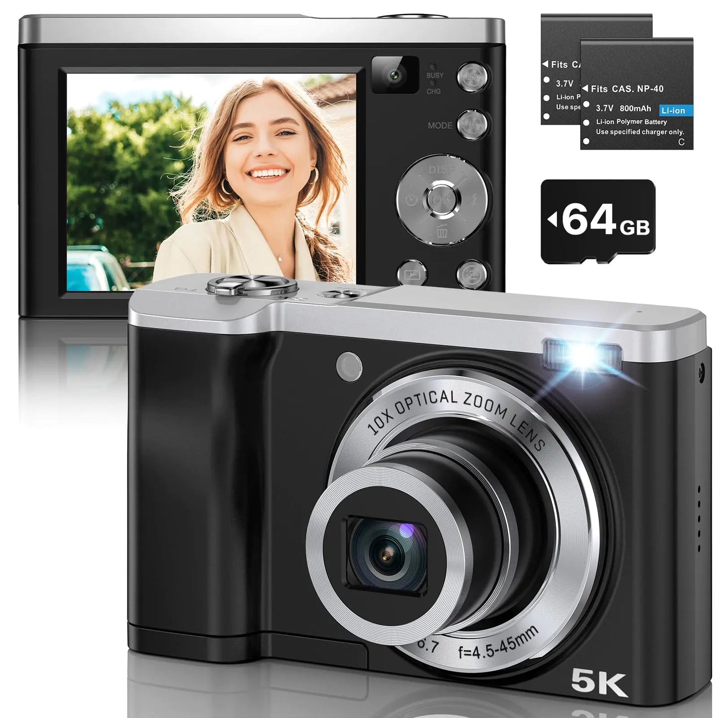 56MP 5K Digital Camera 10X Optical Zoom Front and Rear Dual Cameras with 2.8" IPS Touch Screen Video Vlogging Cameras for Photography with 64G Micro Card Compact Point and Shoot Cameras