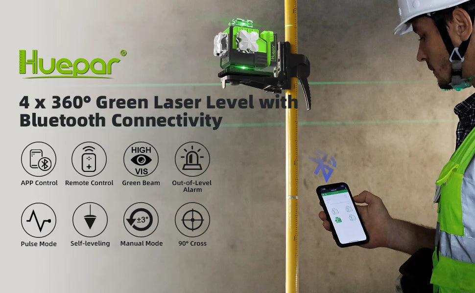 Huepar 4D 16-Line Self-Leveling Laser Level with Green Beam,Remote,Receiver/Tripod,High Precision Leveling Tool for Construction