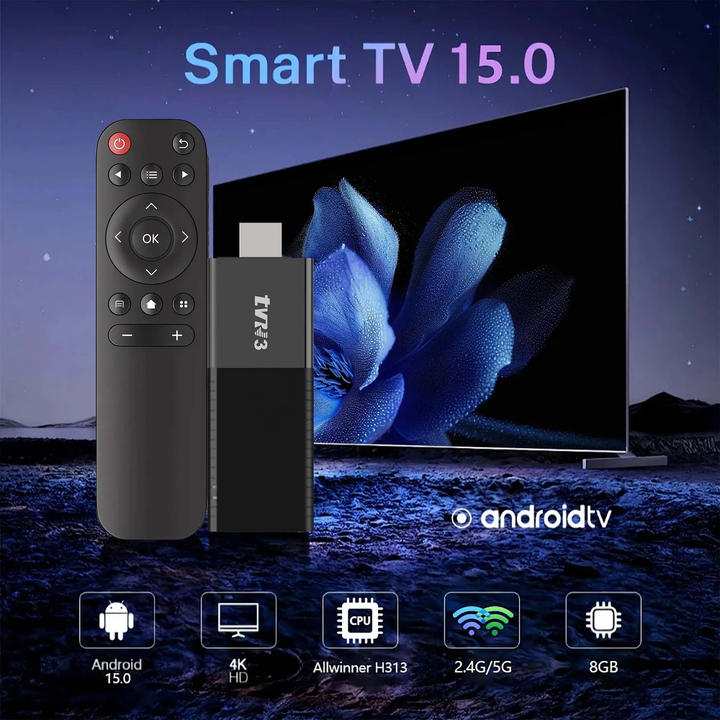 HOT Android TV Stick Smart 4K Home theater TVR3 AllwinnerH313 Netflix YouTube 2.4G/5G WIFI Youtube Player 1GB 8GB Set Top Box