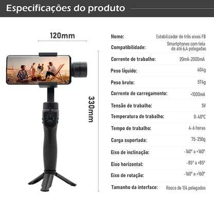 Gimbal Stabilizer for Smartphone Photography, 3-axis Anti-vibration, Portable Rechargeable Universal Tripod