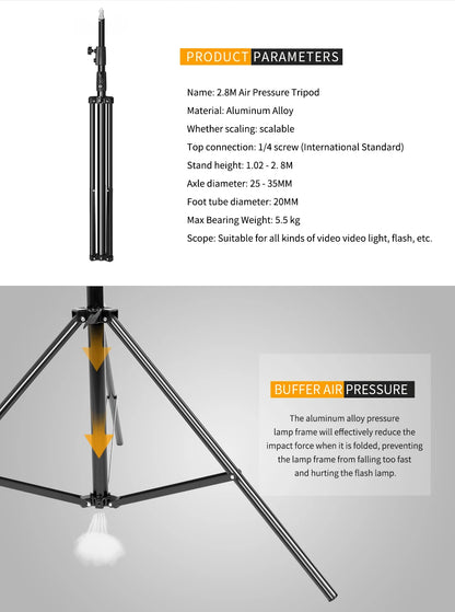 SH 280cm Stainless Steel Light Stand Photography Stand for Photo Video Lighting Spring Cushioned Heavy Duty Stand Tripod