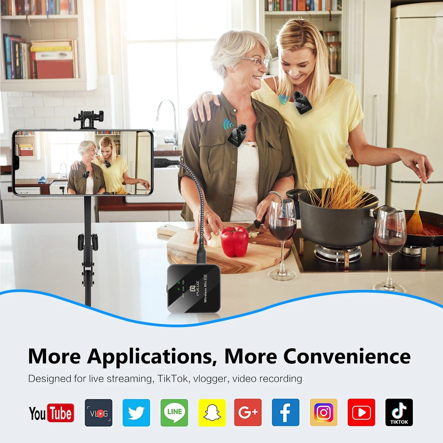 PULUZ Wireless Lavalier Microphone Live Broadcast YouTube Gaming Microphone For iphone/Android/3.5mm DSLR Camera Audio Recording