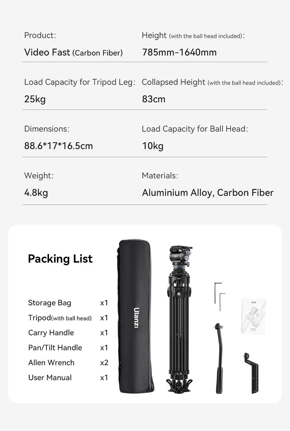 Ulanzi Video Fast Heavy Duty Carbon Fiber/Aluminum Tripod 10KG Load Capacity for Outdoor Photograph Professional Camera Tripod