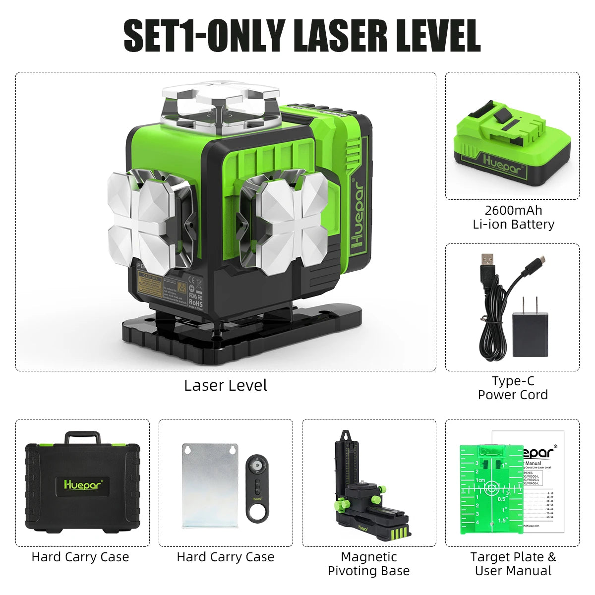 Huepar 4D 16-Line Self-Leveling Laser Level with Green Beam,Remote,Receiver/Tripod,High Precision Leveling Tool for Construction