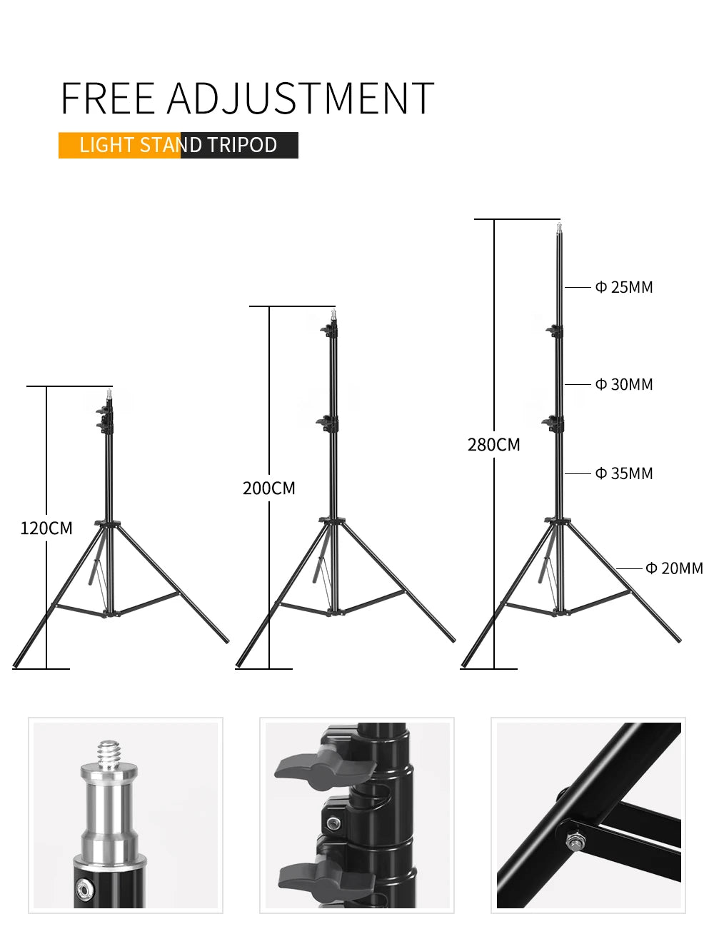 SH 280cm Stainless Steel Light Stand Photography Stand for Photo Video Lighting Spring Cushioned Heavy Duty Stand Tripod