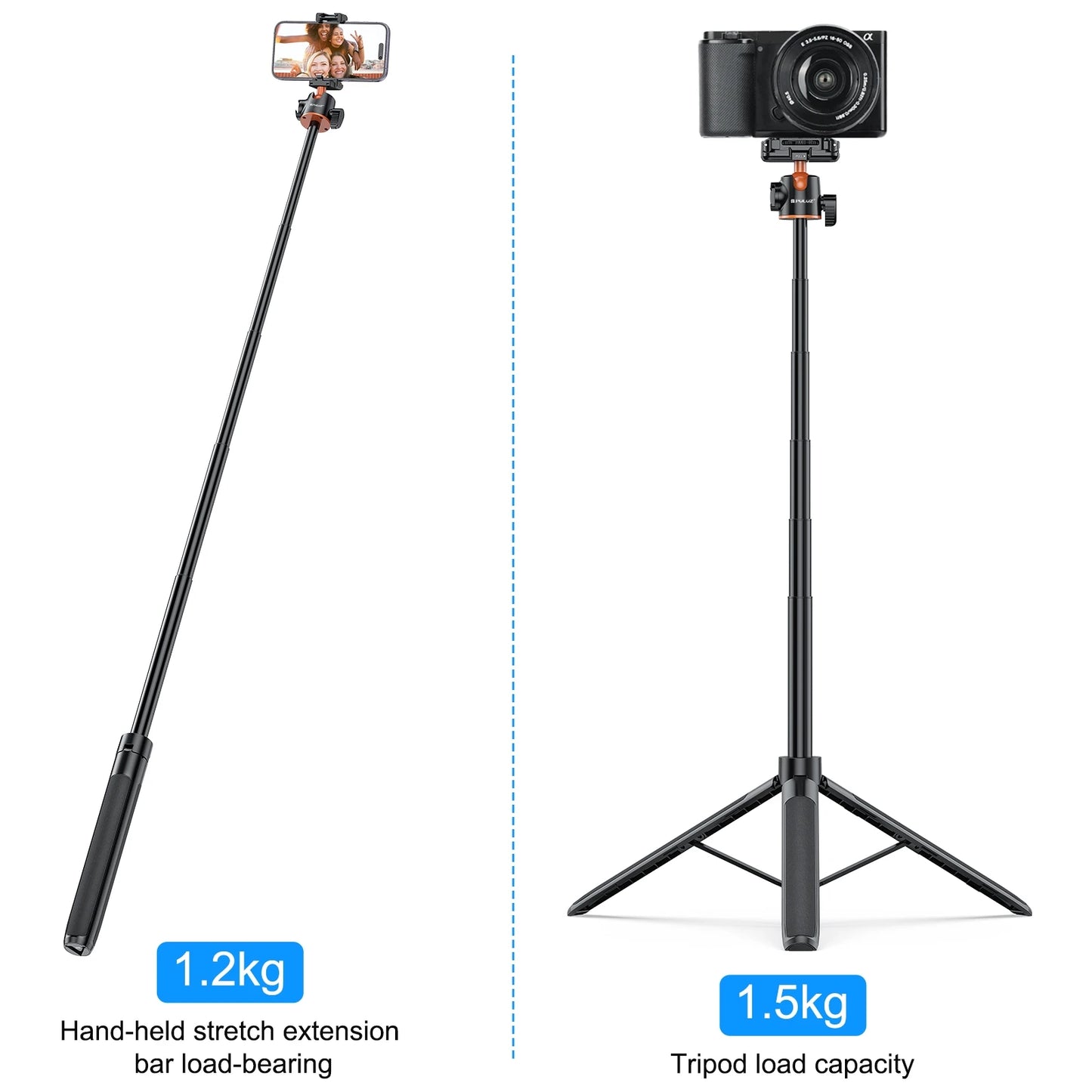 PULUZ 1.4m Phone Selfie Stick Tripod Vlog Live Streaming Holder with Phone Clip for iPhone/ Samsung/ Huawei & Cameras Tripod