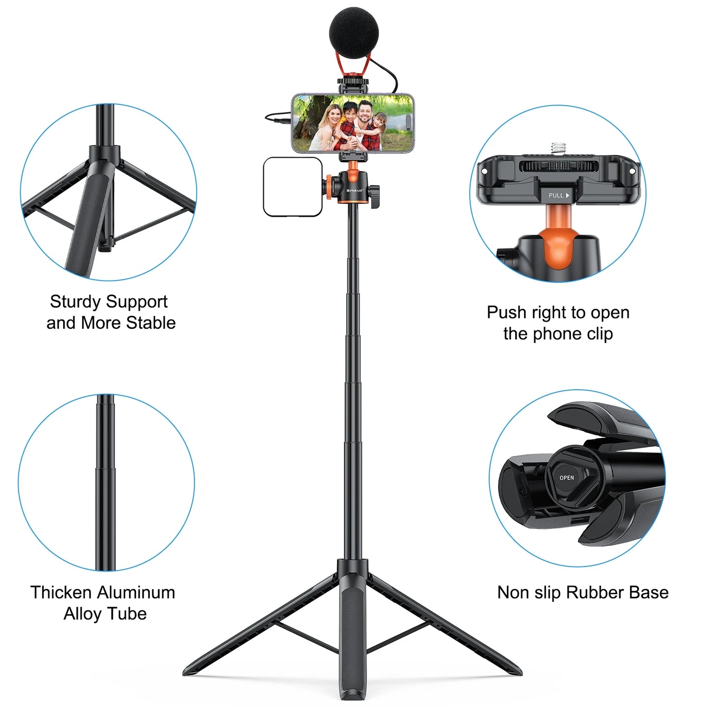 PULUZ 1.4m Phone Selfie Stick Tripod Vlog Live Streaming Holder with Phone Clip for iPhone/ Samsung/ Huawei & Cameras Tripod