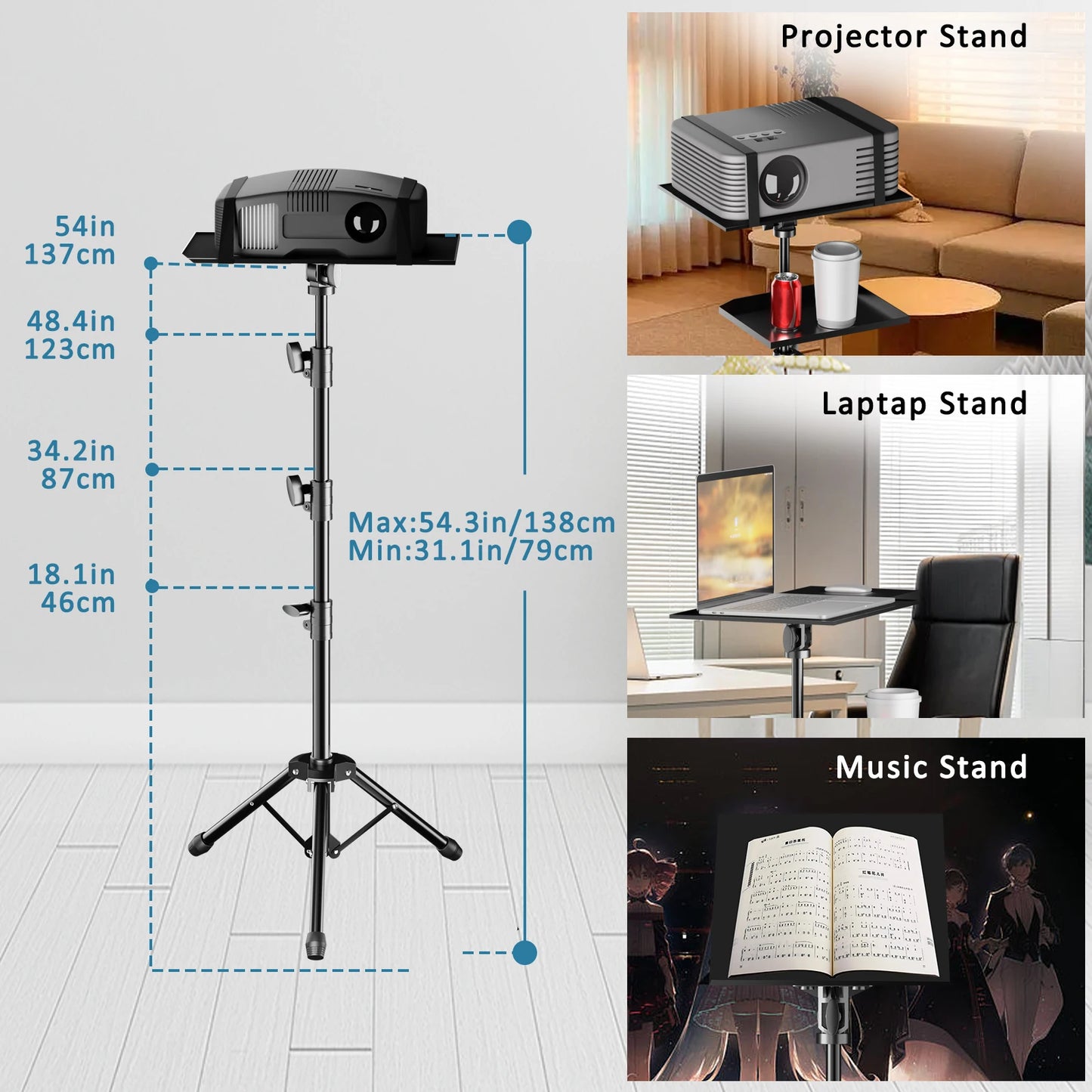 90/125/145cm Tray  Laptop Projector Tripod Stand Tripod Adjustable Height DJ Mixer Standing Desk Outdoor Computer Desk Stand