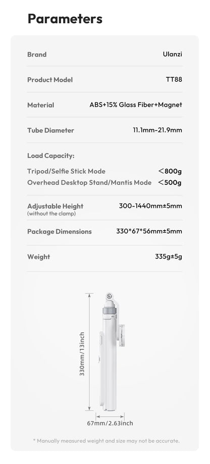 Ulanzi TT88 Overhead Selfie Stick 1.44M with MagSafe Clamp Photograph Tripod for Phone Livestreaming Vlog with Remote Control