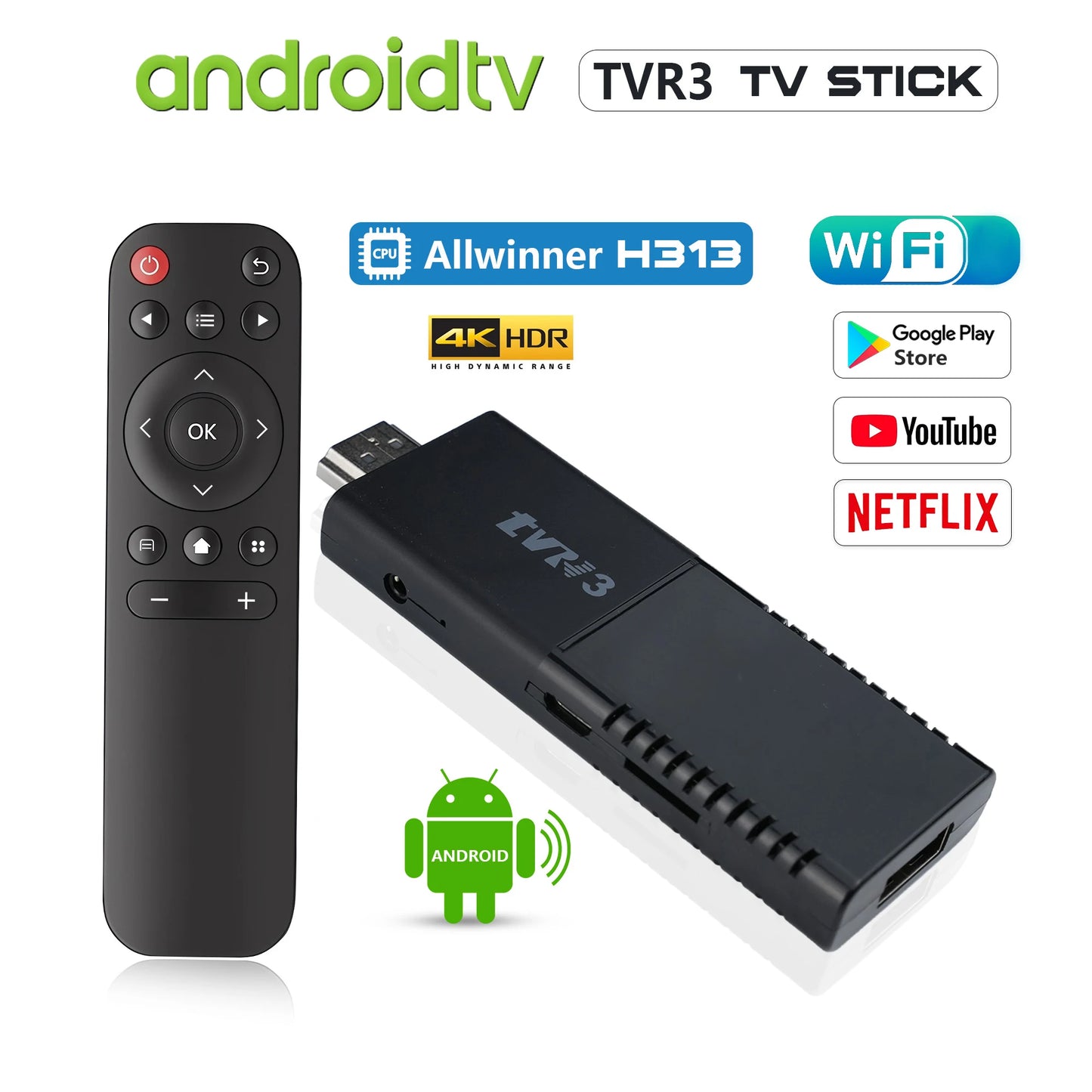 HOT Android TV Stick Smart 4K Home theater TVR3 AllwinnerH313 Netflix YouTube 2.4G/5G WIFI Youtube Player 1GB 8GB Set Top Box