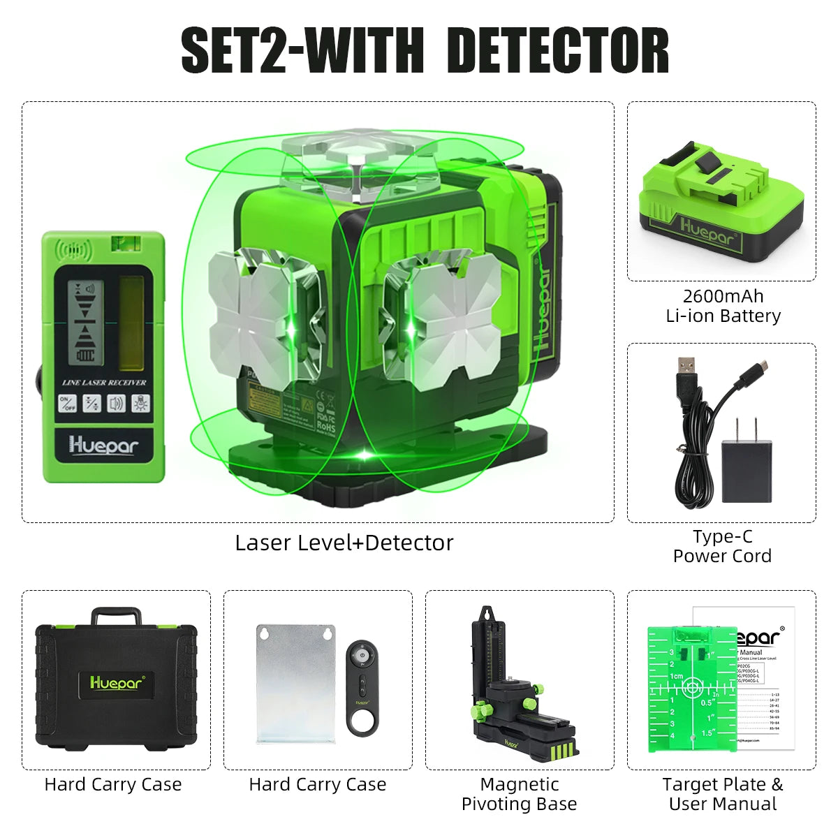 Huepar 4D 16-Line Self-Leveling Laser Level with Green Beam,Remote,Receiver/Tripod,High Precision Leveling Tool for Construction