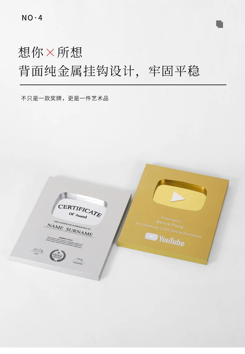 YouTube Play Button Silver Gold YouTube Medal Wall Decoration Internet Celebrity