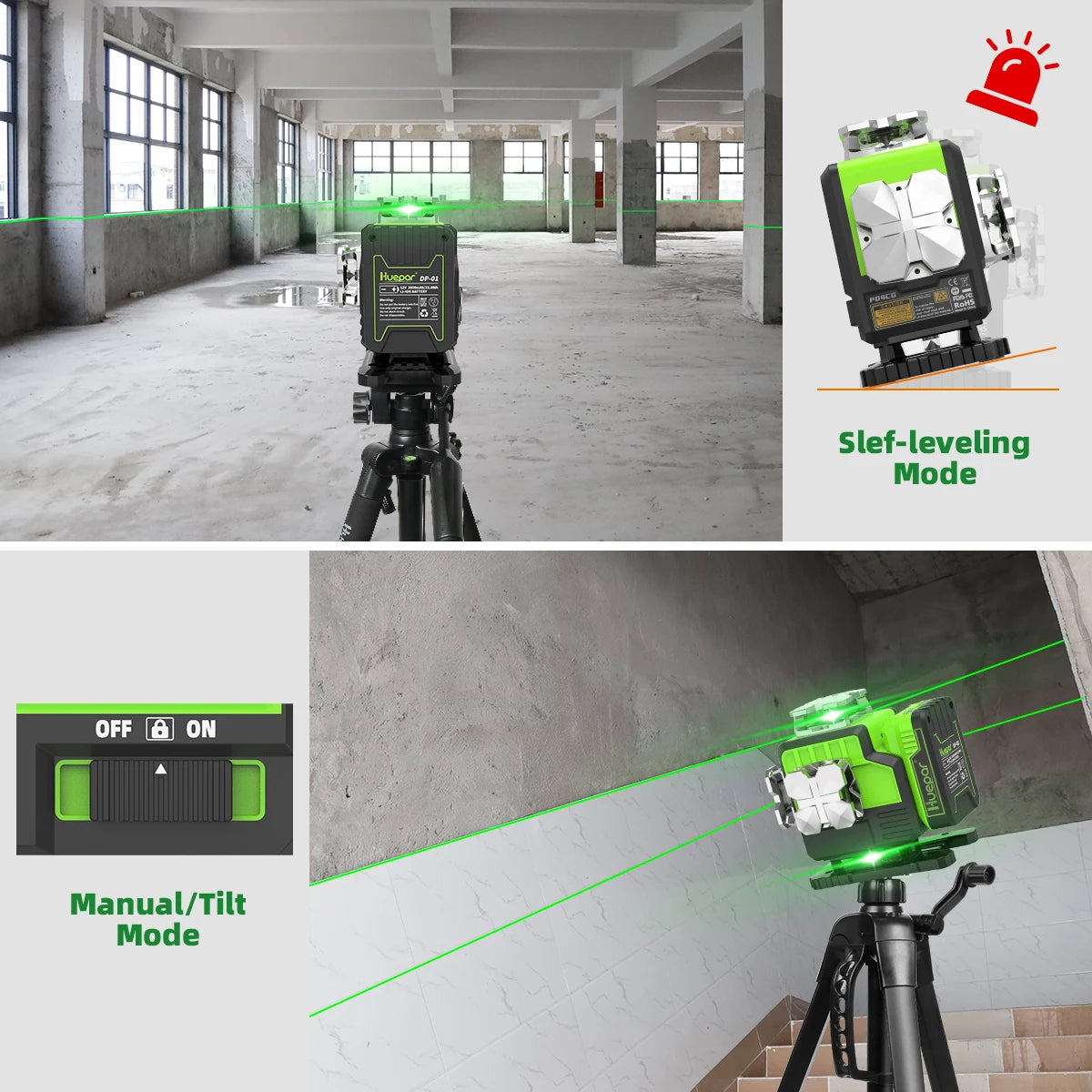 Huepar 4D 16-Line Self-Leveling Laser Level with Green Beam,Remote,Receiver/Tripod,High Precision Leveling Tool for Construction