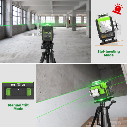 Huepar 4D 16-Line Self-Leveling Laser Level with Green Beam,Remote,Receiver/Tripod,High Precision Leveling Tool for Construction
