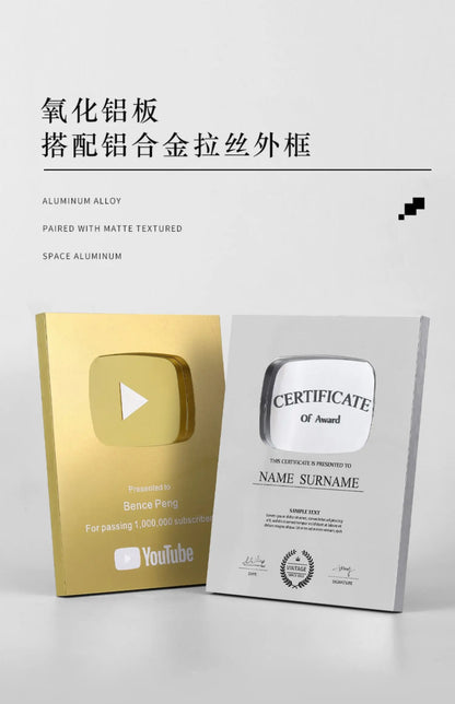 YouTube Play Button Silver Gold YouTube Medal Wall Decoration Internet Celebrity