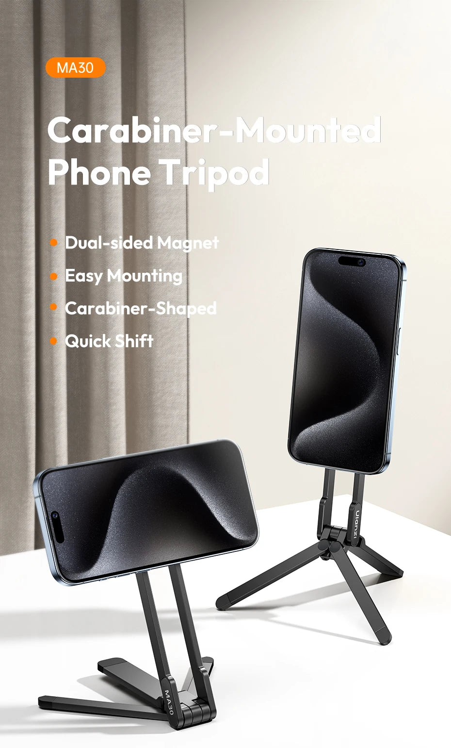 Ulanzi MA30 Carabiner-Mounted Phone Tripod Horizontal Vertical Dual-sided Magnetic Phone Holder for Vlog Live Streaming Online