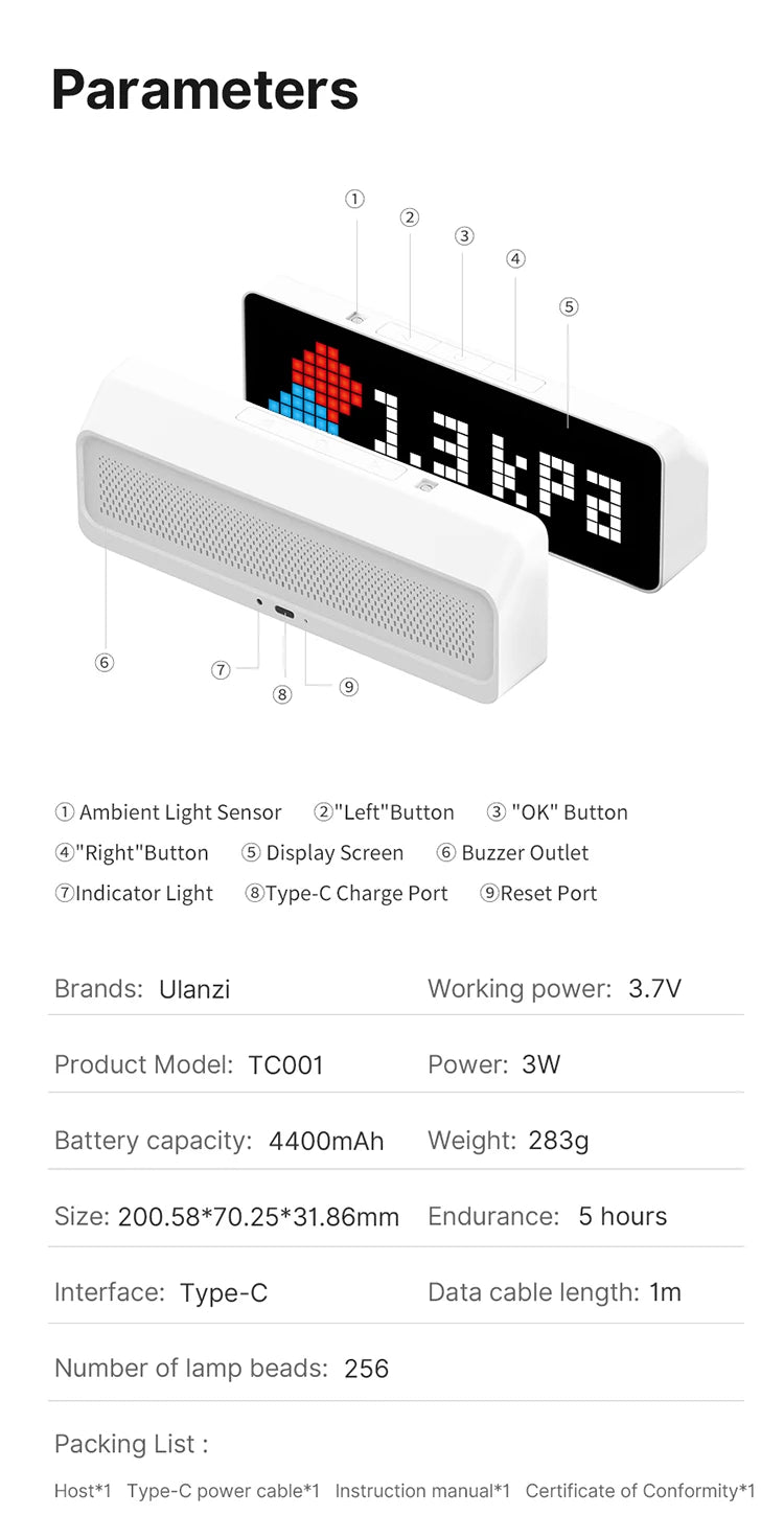 Ulanzi TC001 Smart Pixel Clock Youtube Followers Simultaneous Weather Forecast Function Pixelated Message Display