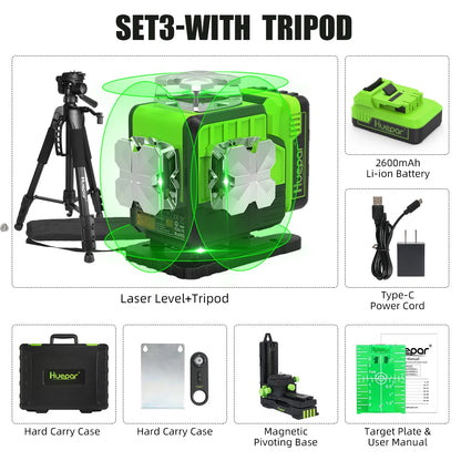 Huepar 4D 16-Line Self-Leveling Laser Level with Green Beam,Remote,Receiver/Tripod,High Precision Leveling Tool for Construction