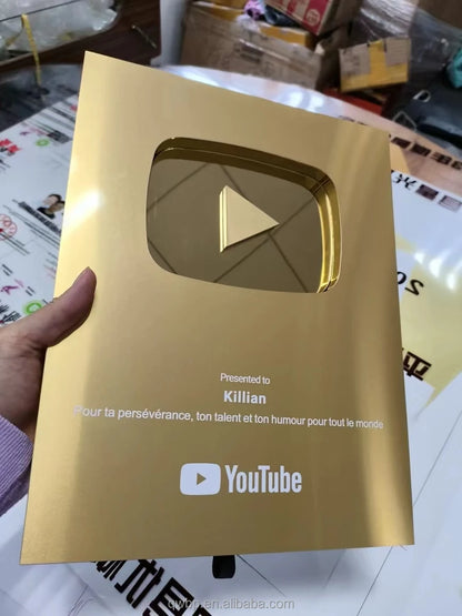Gold customized name YouTube play button award plaque,custom YouTube award