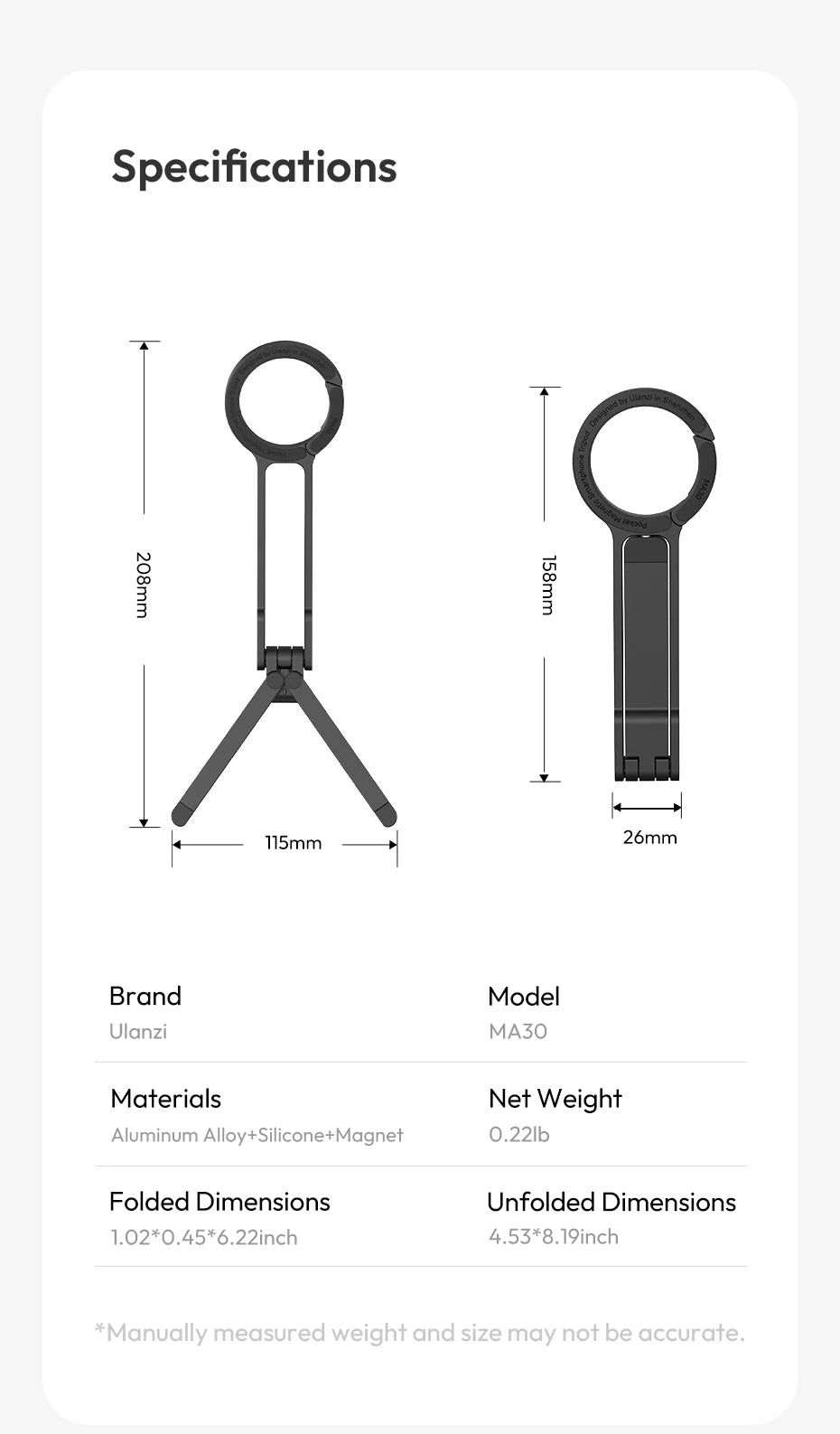 Ulanzi MA30 Carabiner-Mounted Phone Tripod Horizontal Vertical Dual-sided Magnetic Phone Holder for Vlog Live Streaming Online