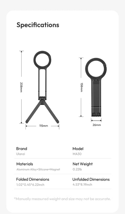 Ulanzi MA30 Carabiner-Mounted Phone Tripod Horizontal Vertical Dual-sided Magnetic Phone Holder for Vlog Live Streaming Online