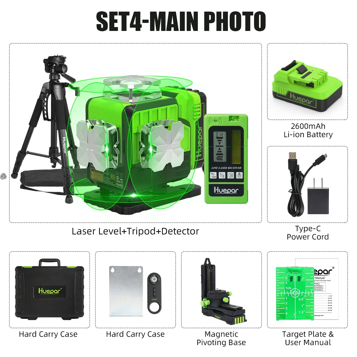 Huepar 4D 16-Line Self-Leveling Laser Level with Green Beam,Remote,Receiver/Tripod,High Precision Leveling Tool for Construction