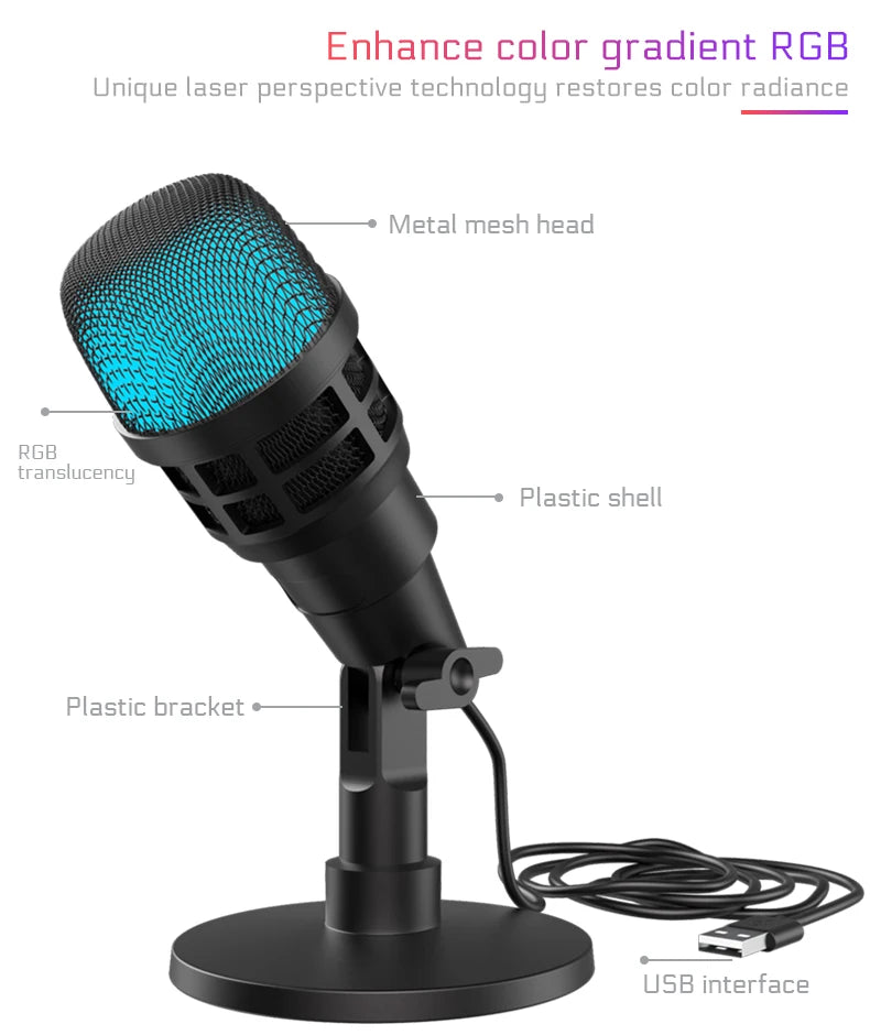 Professional USB Studio RGB Microphone For PC Streaming, Game, YouTube Video, Singing