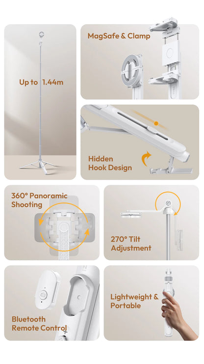 Ulanzi TT88 Overhead Selfie Stick 1.44M with MagSafe Clamp Photograph Tripod 360° Panoramic Shooting for Phone Livestream Vlog