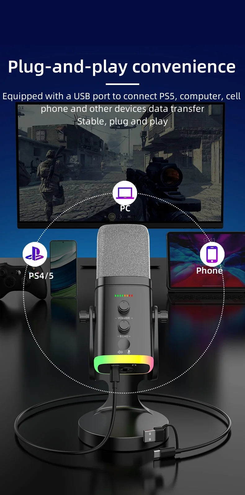 XLR/USB Dynamic Microphone for Streaming & Gaming,  Ideal PC Mic for Youtube, Singing, Recording