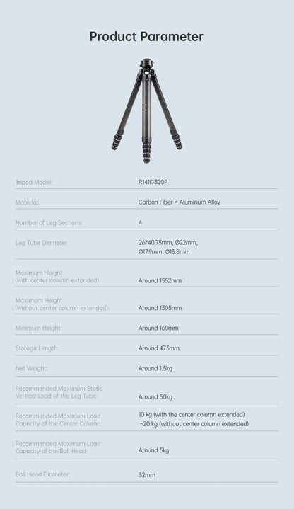 Ulanzi Falcam TreeRoot Quick Lock Travel Tripod M40 High Modulus Carbon Fiber with F38 Pro Quick Release Maximum Height 1552mm