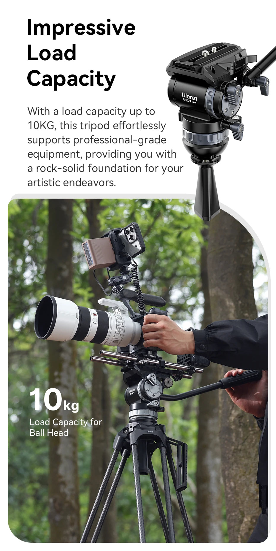 Ulanzi Video Fast Heavy Duty Carbon Fiber/Aluminum Tripod 10KG Load Capacity for Outdoor Photograph Professional Camera Tripod