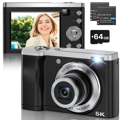 56MP 5K Digital Camera 10X Optical Zoom Front and Rear Dual Cameras with 2.8" IPS Touch Screen Video Vlogging Cameras for Photography with 64G Micro Card Compact Point and Shoot Cameras