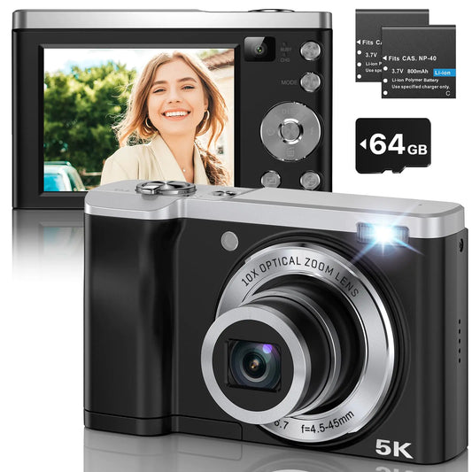 56MP 5K Digital Camera 10X Optical Zoom Front and Rear Dual Cameras with 2.8" IPS Touch Screen Video Vlogging Cameras for Photography with 64G Micro Card Compact Point and Shoot Cameras