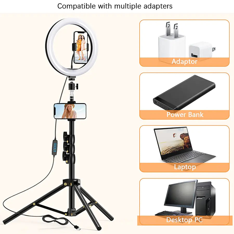 10.2" Dimmable Selfie Ring Light with Tripod & Phone Holders