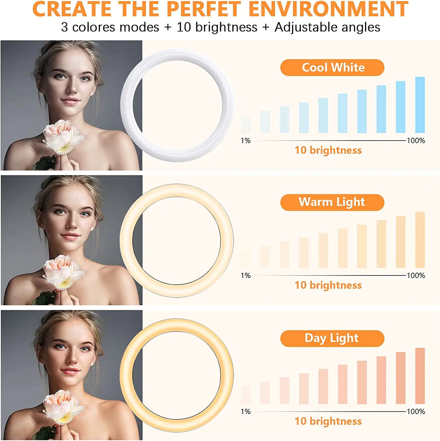 10.2" Dimmable Selfie Ring Light with Tripod & Phone Holders