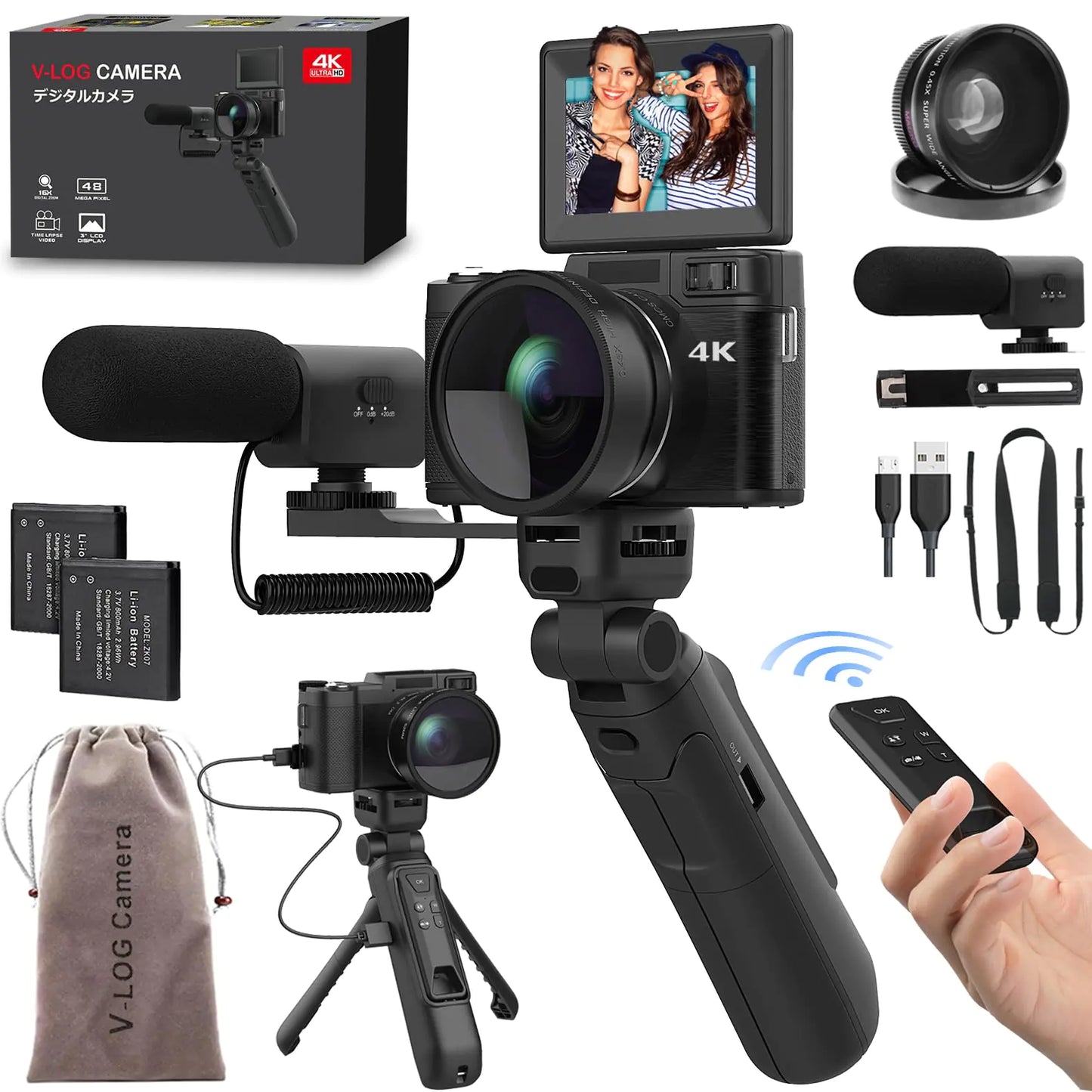 4K Digital Camera with Creator Accessory Kit 48MP Remote Control Vlogging Camera for Vloggers Autofocus Flip Screen Photography Cameras with Tripod Grip Wide-angle & Macro lens Mic Batteries
